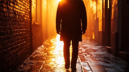 Wall Mural - a shadowed figure in a rain-soaked alleyway, with the sun breaking through the clouds in the backgro