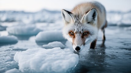 An arctic fox strides confidently across icy terrain in a cold winter landscape, embodying resilience and adaptability of wildlife in harsh environments.