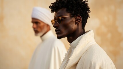 A serene scene featuring two men in traditional attire, reflecting an atmosphere of tranquility and cultural depth amidst a soft, peaceful backdrop.