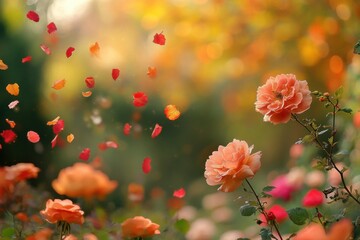 Wall Mural - A beautiful garden with a bunch of orange flowers and red leaves