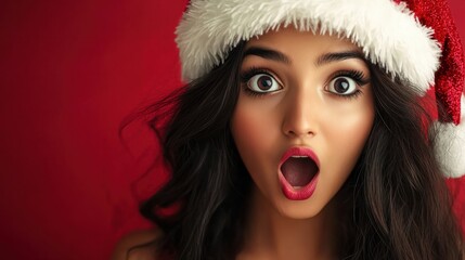 Indian woman surprise face in santa claus red hat, Christmas sale gift