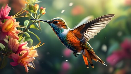 Wall Mural - Vibrant hummingbird in mid-flight surrounded by blooming flowers