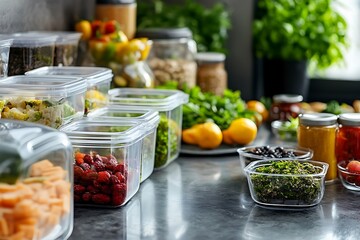 Assortment of food in storage containers resting on kitchen countertop