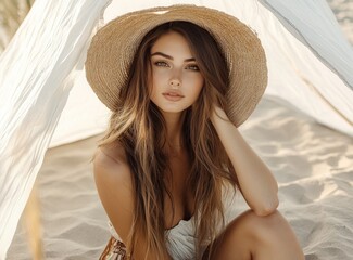 Wall Mural - Woman in a straw hat on a sandy beach