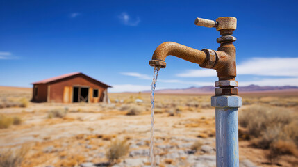 A rusty water faucet drips water in a dry, arid landscape, with a distant, abandoned wooden shack under the bright blue sky.