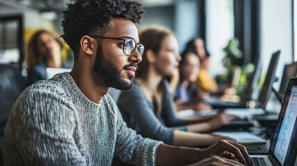Minority-led tech startup team coding and developing, focus on innovation and technology, modern office with digital devices, inclusive and forward-thinking atmosphere