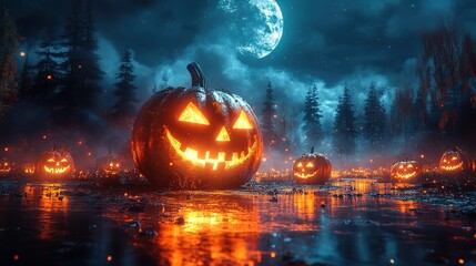 Halloween theme with pumpkins and dark forest. Scary Halloween design on table. Jack-o-lantern on the dark forest