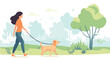 © RABBI - Young woman walking dog on leash. Girl leading pet in park flat vector illustration. Animal care, adoption, lifestyle concept for banner, website design or landing web page