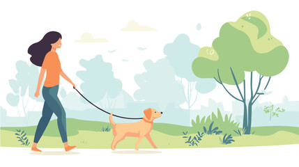 Wall Mural - Young woman walking dog on leash. Girl leading pet in park flat vector illustration. Animal care, adoption, lifestyle concept for banner, website design or landing web page