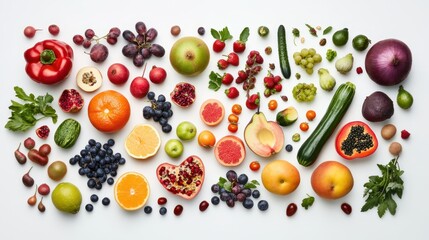 A colorful array of whole fruits and vegetables displayed on a clean white background