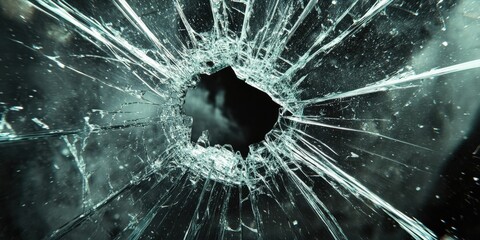Detailed close-up of a spider's web broken glass with a central hole