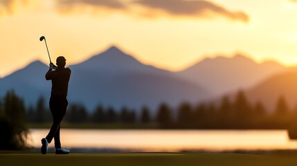 Silhouette of a golfer taking a swing near a serene lake, mountains rising in the backdrop under a glowing sky, nature and sport, golf silhouette