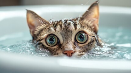 Poster - A high-quality photo of a cat's face peeking out from a tub full of warm water, with water droplets on its whiskers and a look of curiosity or surprise.