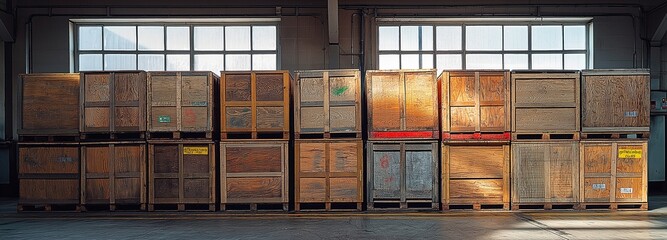 Huge wooden crates piled high in a storage room. Large cartons of products ready to be transported in an outdoor storage facility