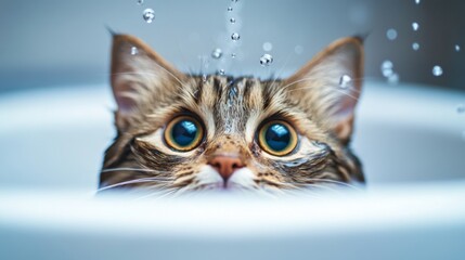 Wall Mural - A high-quality photo of a cat's face peeking out from a tub full of warm water, with water droplets on its whiskers and a look of curiosity or surprise.