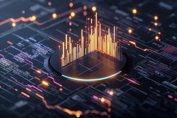 Digital statistics, colorful charts and futuristic data display, 3D illustration