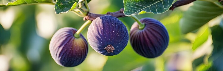Aufkleber - Fresh Figs Hanging on a Branch in a Garden Under Bright Sunlight During Late Summer