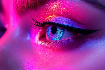 Wall Mural - Pink and blue eye with neon highlights symbolizing vibrant color vision and human perception