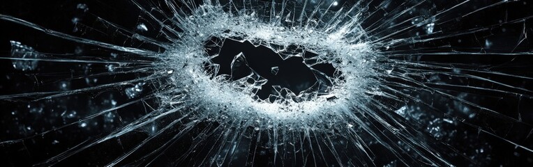 Detailed close-up of a spider's web broken glass with a central hole