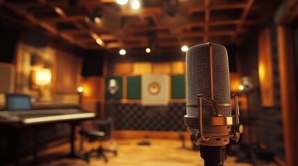 Aufkleber - A high-resolution image of a condenser mounted on a stand in a modern recording studio, with soundproofing panels and acoustic treatments in the background.