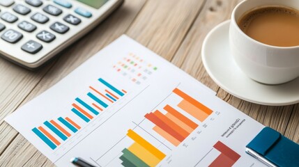 Poster - A high-resolution image of a financial report featuring colorful bar charts and graphs, placed on a desk with a calculator, notepad, and a cup of coffee.