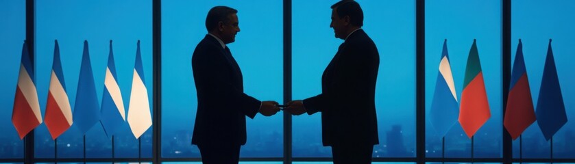 Two politicians negotiating at a conference table with flags in the background, diplomatic negotiation, international diplomacy