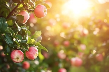 Closeup of red ripe apples on a branch in an apple orchard with blurred background and sun shining through the leaves