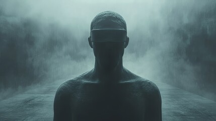 Poster - A man with a mask on his face stands in a foggy, misty environment