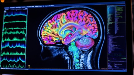 Aufkleber - A high-resolution image of a human brain scan on a computer screen, showing detailed MRI or CT images with vibrant colors highlighting different brain areas
