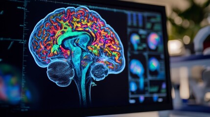 Aufkleber - A high-resolution image of a human brain scan on a computer screen, showing detailed MRI or CT images with vibrant colors highlighting different brain areas