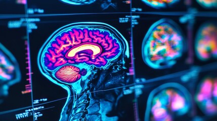 Poster - A high-resolution image of a human brain scan on a computer screen, showing detailed MRI or CT images with vibrant colors highlighting different brain areas