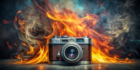 Vibrant abstract flames engulf a vintage camera, merging fiery passion with creative vision, as blurred artistic