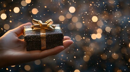 Wall Mural - Gift Box in Hand with Glittering Background: A hand holding a gift box, with a sparkling, glittering background that adds a festive atmosphere. 
