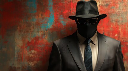 Wall Mural - A man in a suit and hat stands in front of a red wall