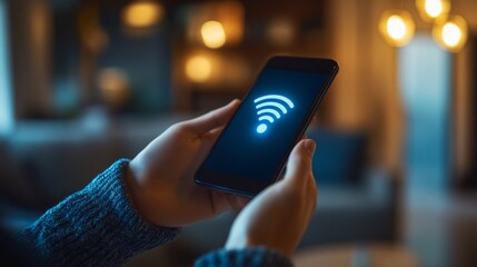 Aufkleber - A high-resolution image of a person holding a smartphone with a Wi-Fi signal icon visible on the screen, with a home or office setting in the background.