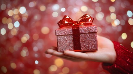 Wall Mural - Gift Box in Hand with Glittering Background: A hand holding a gift box, with a sparkling, glittering background that adds a festive atmosphere. 
