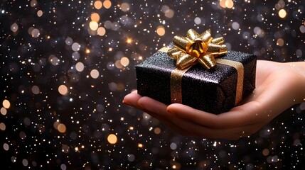 Gift Box in Hand with Glittering Background: A hand holding a gift box, with a sparkling, glittering background that adds a festive atmosphere. 
