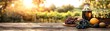 © Raweewit - Beautiful rustic scene of fresh fruits and olive oil on a wooden table, bathed in warm sunlight amidst vineyards.
