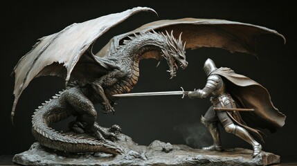 Wall Mural - Knight Facing a Dragon in a Dramatic Pose