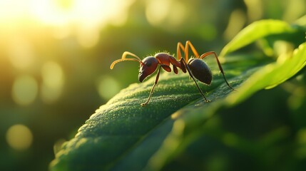 Poster - A high-resolution image of a single ant on a green leaf, showcasing its fine details and texture as it explores its environment in a natural setting.
