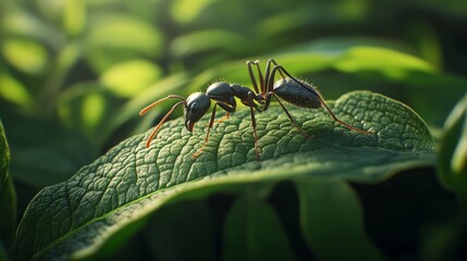 Poster - A high-resolution image of a single ant on a green leaf, showcasing its fine details and texture as it explores its environment in a natural setting.
