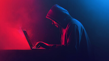 Poster - Laptop compromised by a hacker. Cybercriminal breaching the computer, cracking passwords, and attacking the internet security system. Phishing scam. Unauthorized access to personal and banking data. 