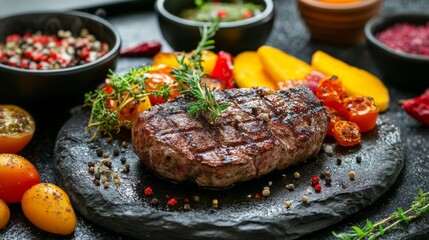 Poster - A high-resolution image of a sizzling steak on a hot stone plate, surrounded by colorful side dishes and garnished with herbs and spices, in a stylish restaurant.