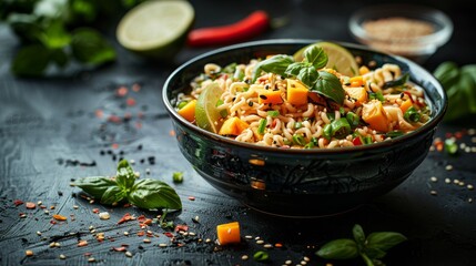 Salad ramen - vegetarian dish with egg noodles, mango, lime and vegetables. Healthy panasian cuisine 