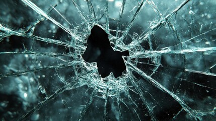 Detailed close-up of a spider's web broken glass with a central hole