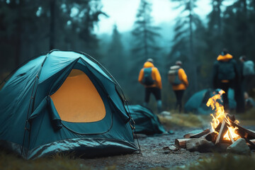 Canvas Print - Outdoor camping scene with an illuminated tent, a campfire, and a group of hikers wearing orange jackets in the background. The setting is a foggy forest.