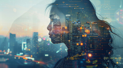 Poster - A woman's face is shown in a cityscape