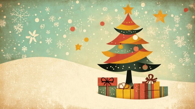 A Christmas card in retro style with a colorful, decorated tree, wrapped presents beneath, and a snowy background, with warm, muted tones.