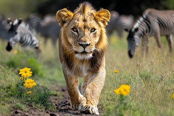 kenya lion walking confidently through the maasai mara, with wildebeest and zebras grazing nearby