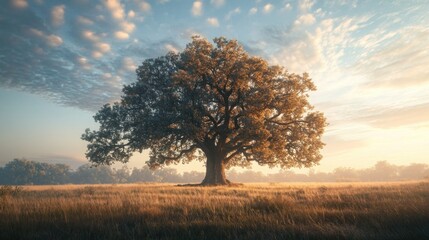 Sticker - Solitary Oak Tree in a Field at Sunrise